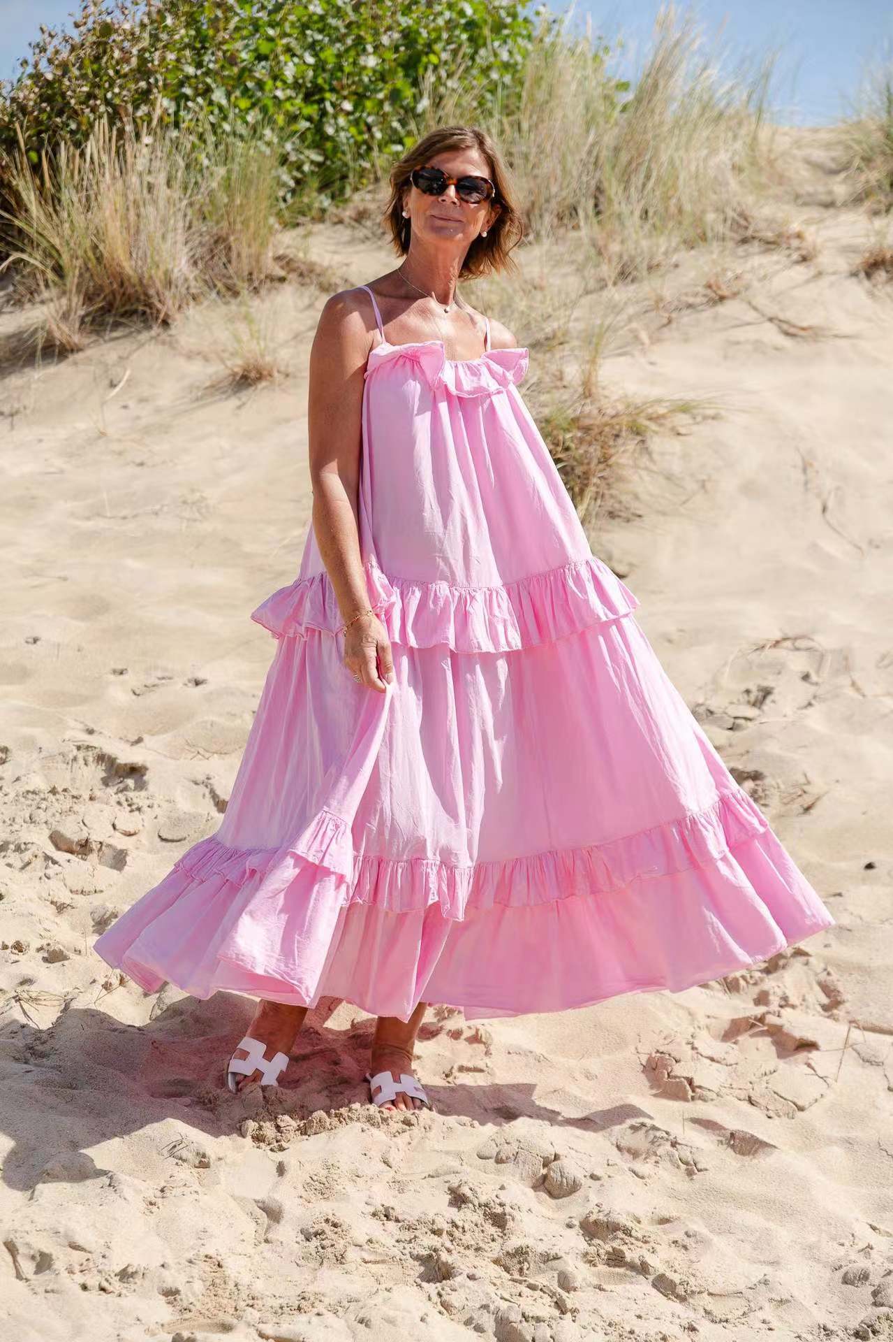 Women's flowy maxi dress cotton blend ruffle neckline tiered skirt vacation daywear