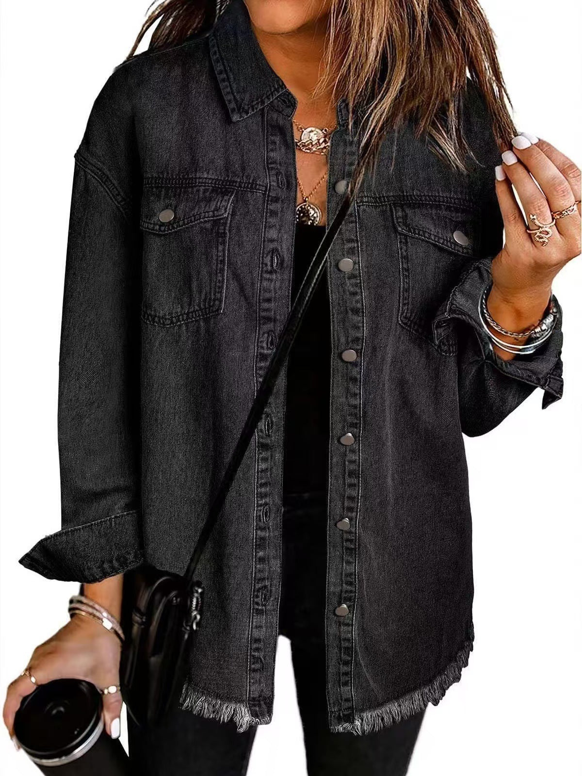 Unisex relaxed-fit washed denim jacket with button-front closure and front pockets streetwear style