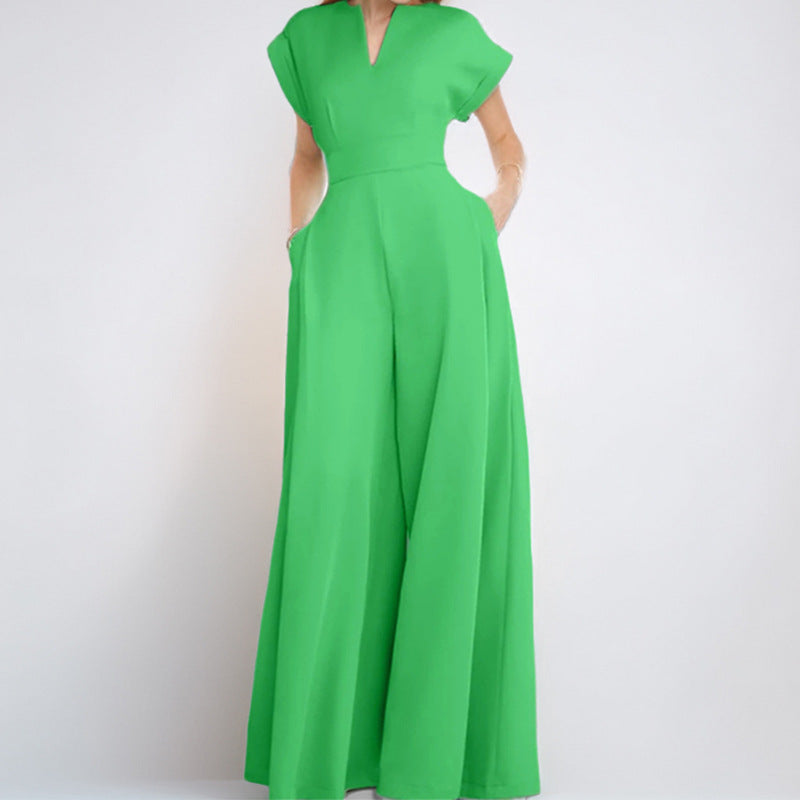 Women's loose fit wide leg jumpsuit V-neck short sleeves with pockets versatile Nordic-Flair comfort style