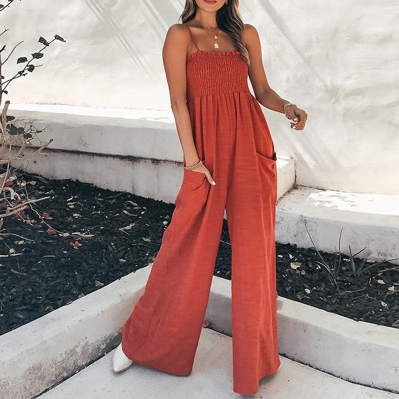 Women's relaxed fit spaghetti strap jumpsuit with ruched bodice, pockets, ankle length lightweight