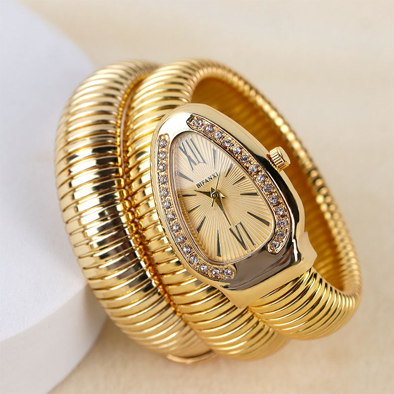 Women's elegant snake-inspired quartz watch with custom bracelet, lightweight and refined wrist accessory