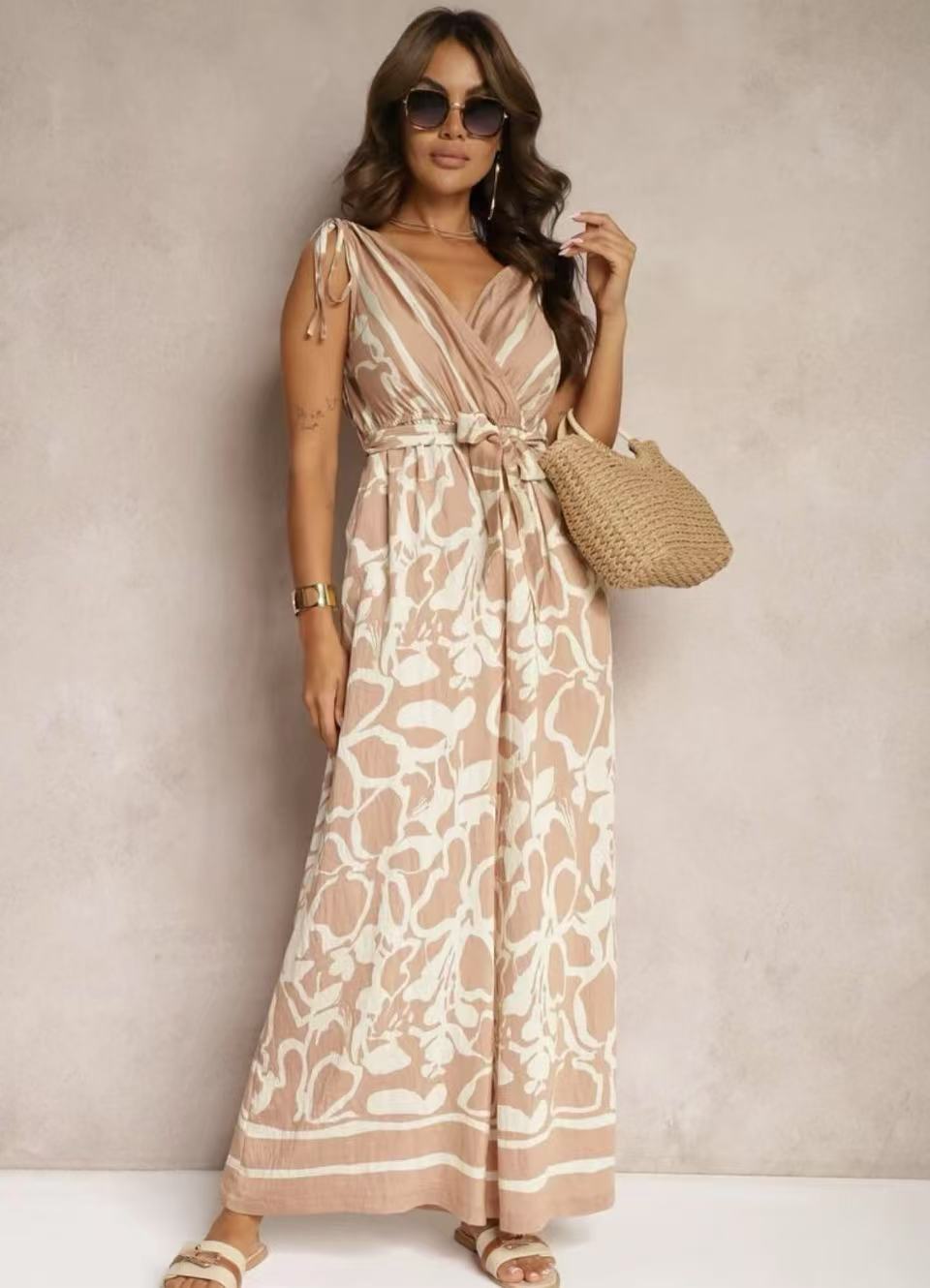 Women's sleeveless printed jumpsuit relaxed fit V-neck tie belt ankle length warm weather