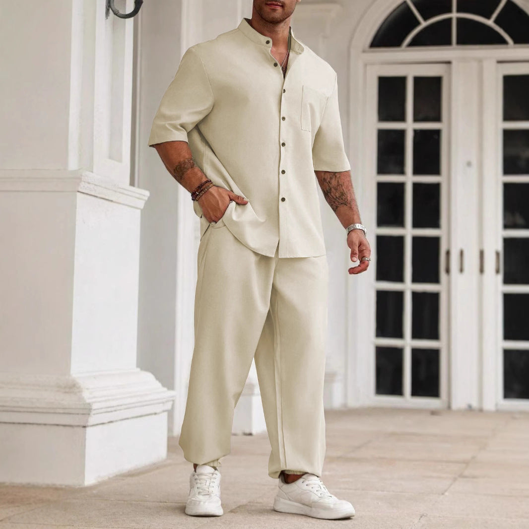 Men's cotton linen 2-piece set relaxed fit short sleeve shirt and trousers breathable Nordic style