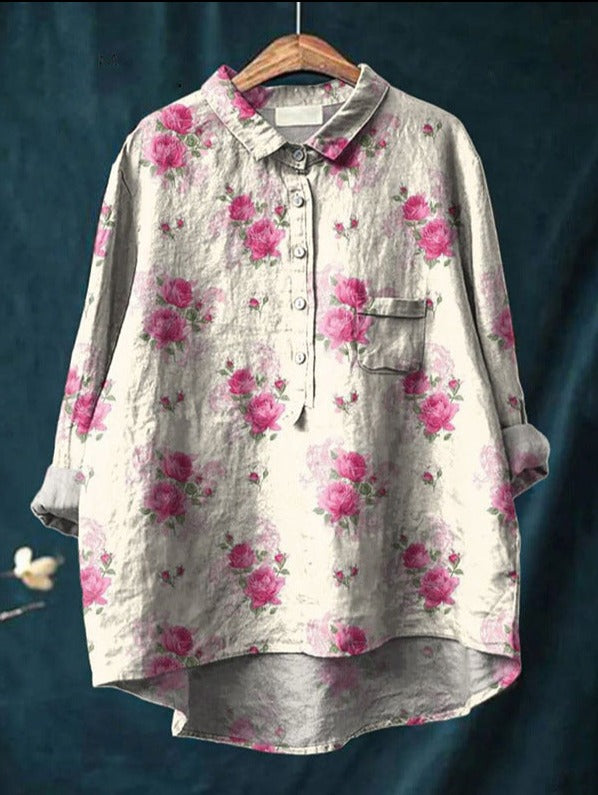 Women's floral button-up shirt loose fit blouse with vibrant color-rich print for everyday chic style
