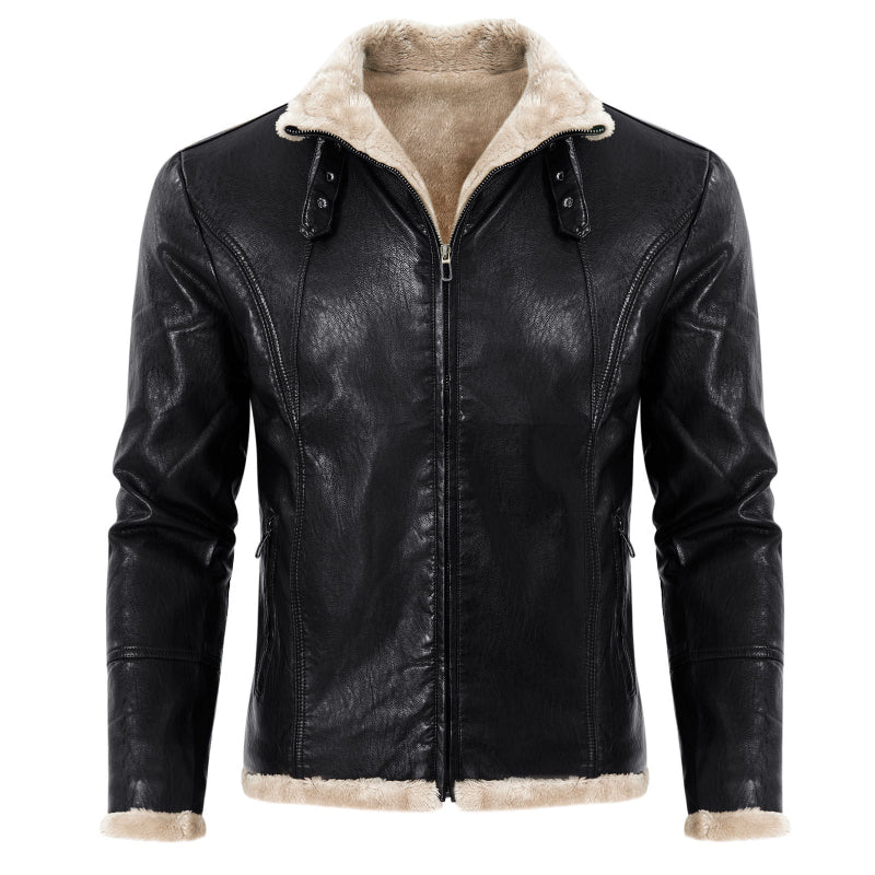 Men's black leather bomber jacket faux fur lined collar casual style premium warmth