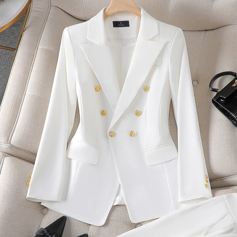 Women's tailored double-breasted blazer with gold buttons, structured fit for polished professional style