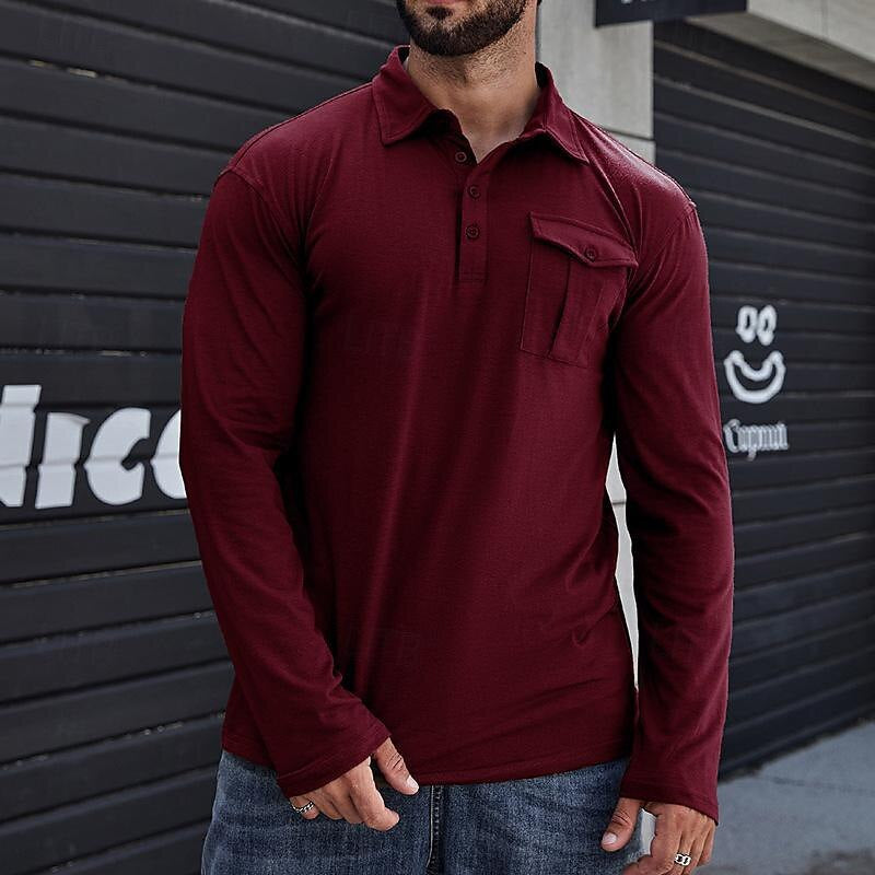 Men's long sleeve Henley polo shirt breathable cotton regular fit with chest pocket casual classic