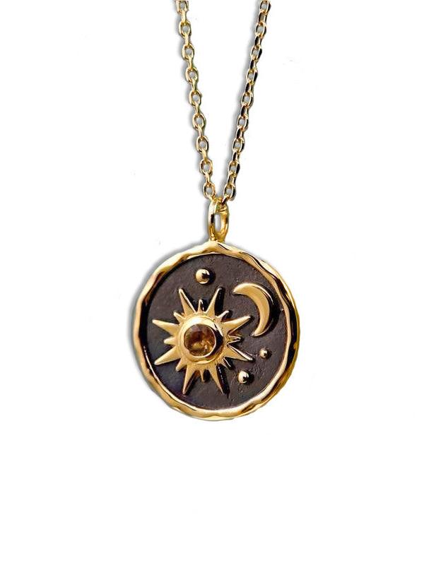 Boho sun moon handcrafted metal pendant necklace for women, Art Deco bohemian style charm jewelry