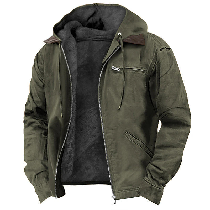 Men's relaxed fit fleece-lined hooded jacket with utility pockets, hip-length warm coat