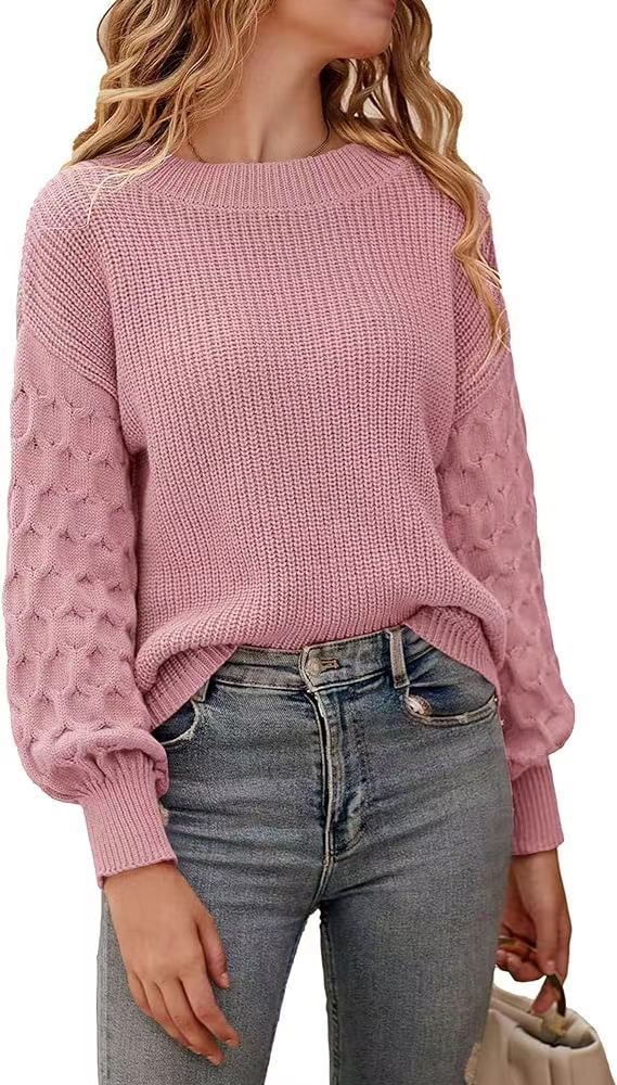 Women's chunky knit sweater relaxed fit with textured sleeve pattern, cozy fall winter style