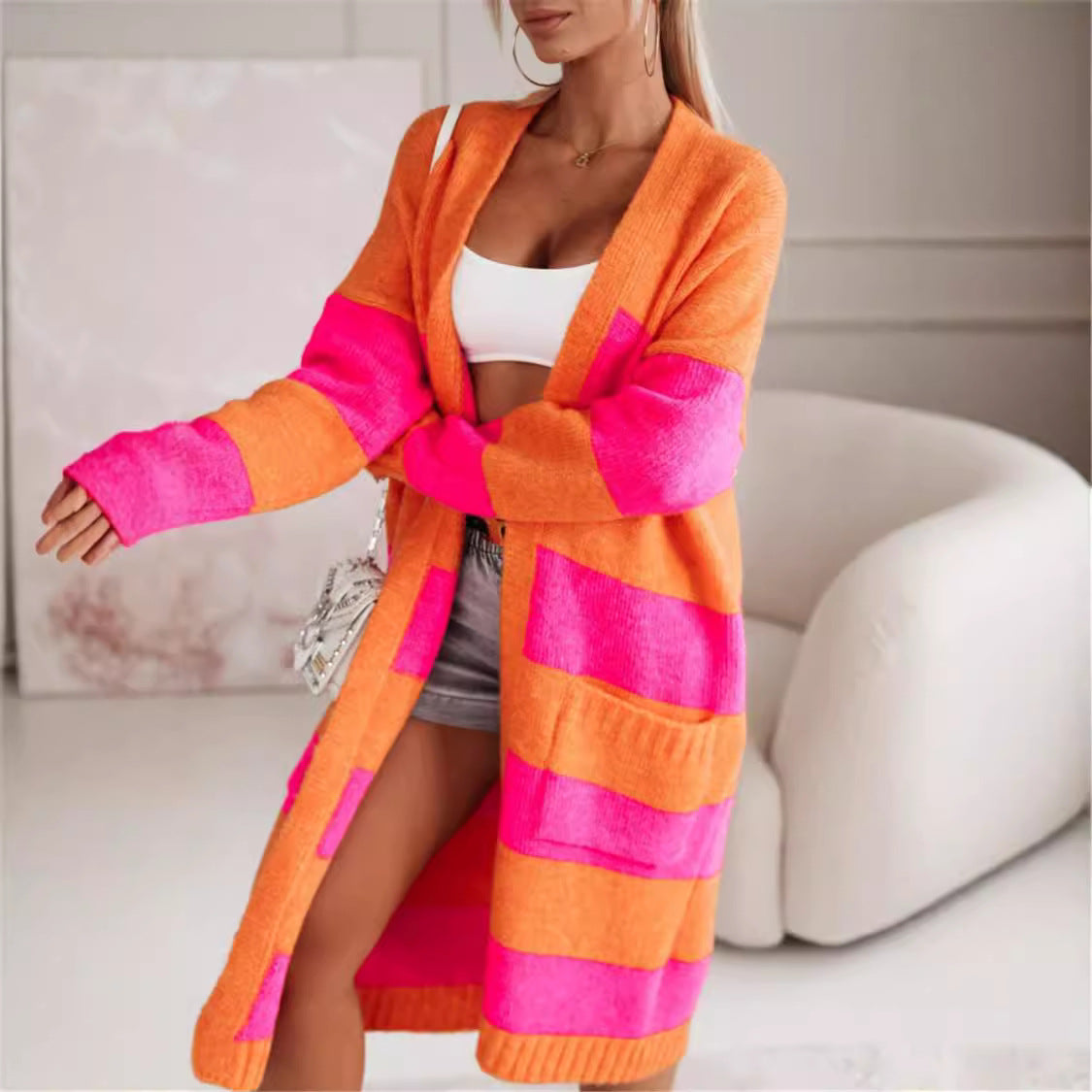 Women's oversized long open-front striped cardigan with ribbed cuffs, casual relaxed fit