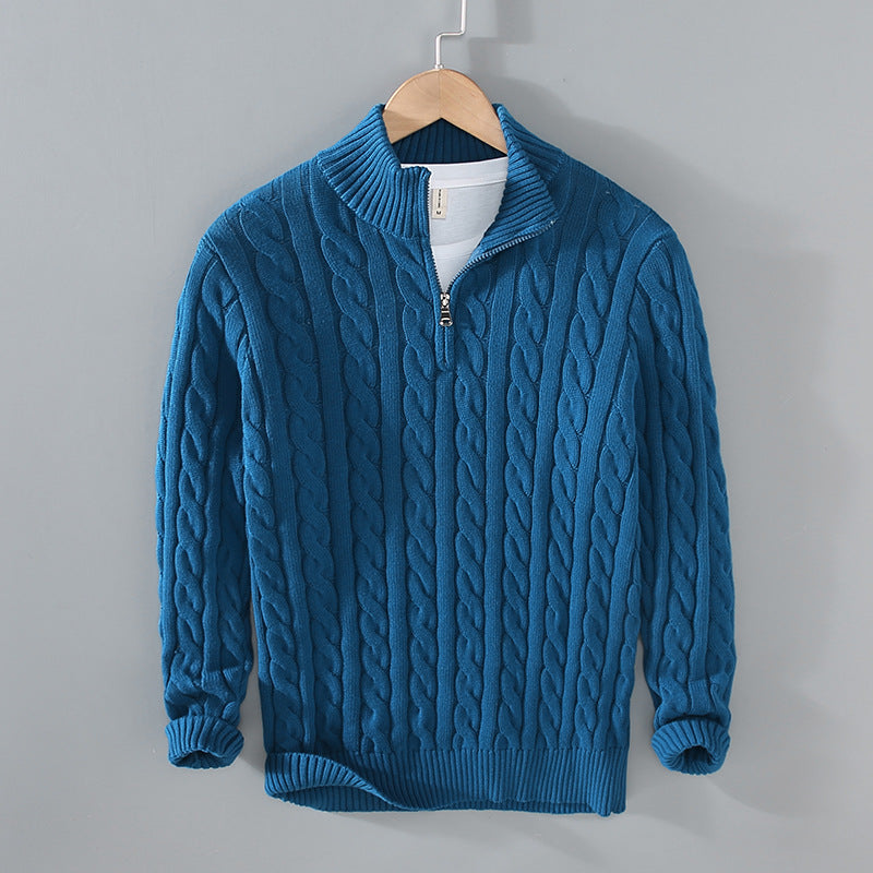 Men's cable knit half-zip pullover in neutral tone, classic texture for layered casual warmth