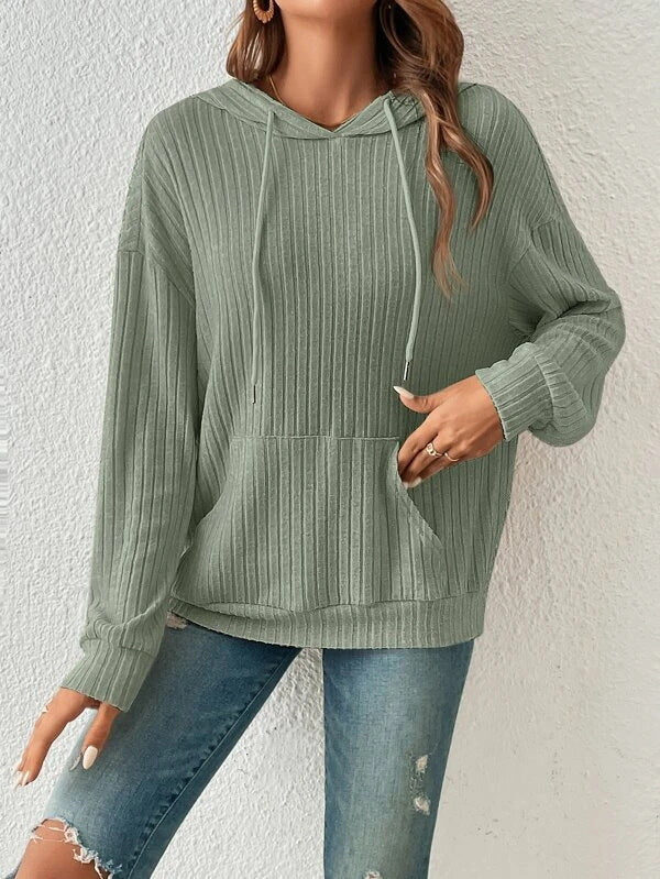 Women's cozy ribbed knit relaxed hoodie in neutral tone with kangaroo pocket for everyday layering