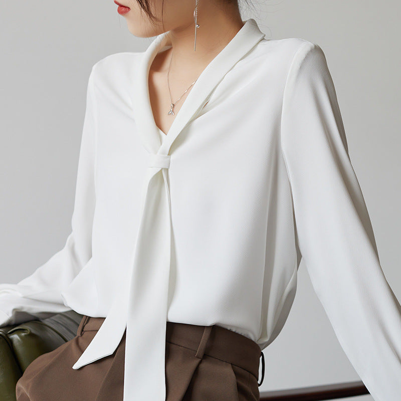 Lightweight chiffon blouse with draped bow tie neck, elegant V-neckline, professional women's office top