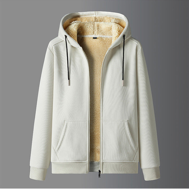Men's gray hooded zip-up fleece jacket with warm sherpa lining, casual fit for fall and winter