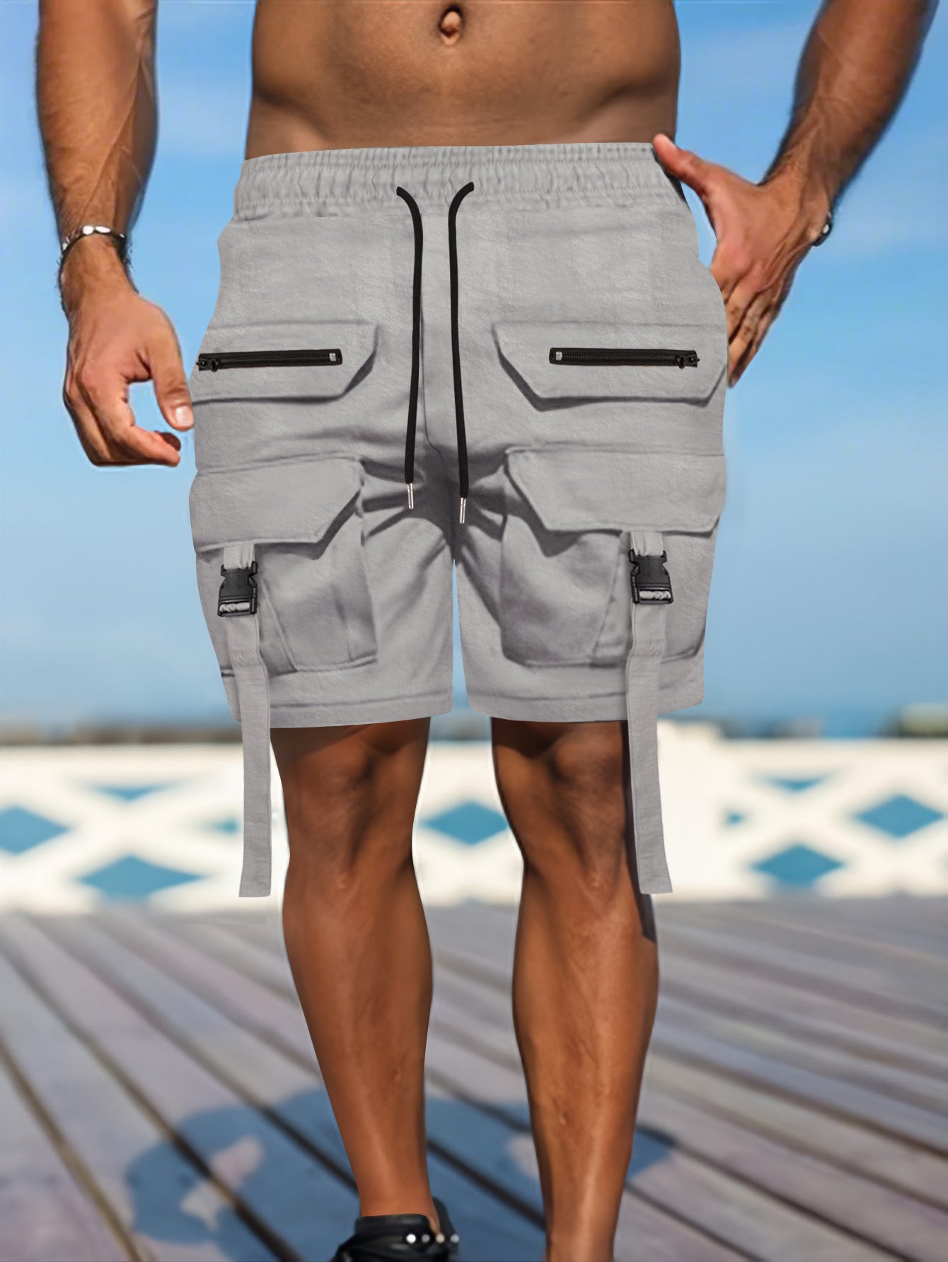 Men's khaki cotton-blend cargo shorts regular fit with multiple utility pockets for outdoor wear