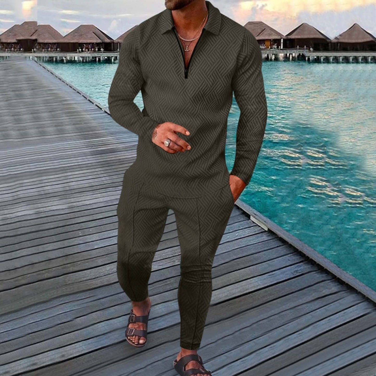 Men's slim fit two-piece sports suit navy blue 3D print breathable long sleeve polo active leisure set