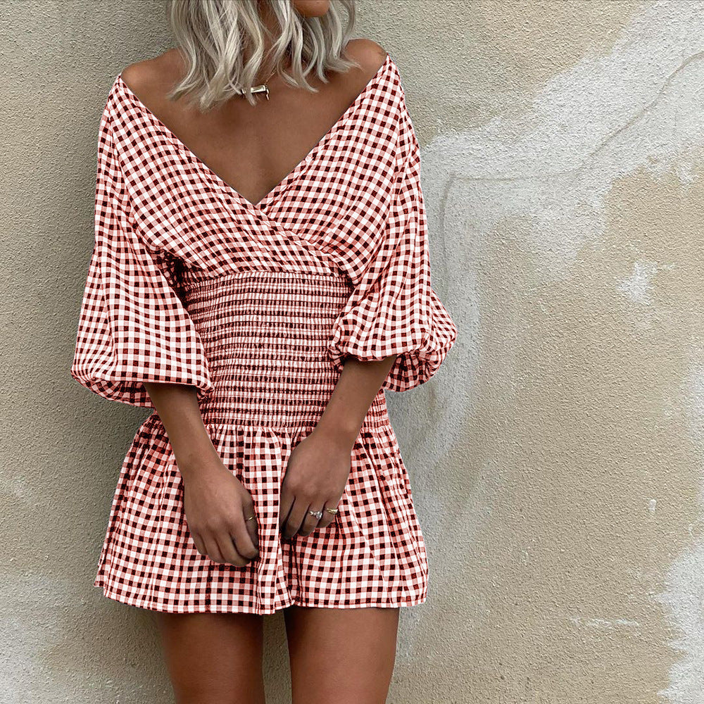 Women's gingham mini dress cotton blend V-neck puff sleeves smocked waist summer chic style