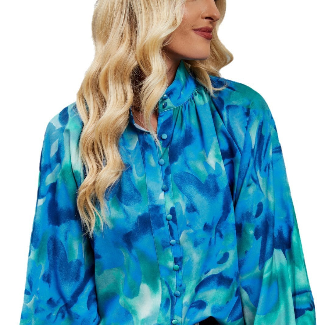 Women's relaxed fit cotton blouse with artistic abstract print, lightweight breathable everyday top