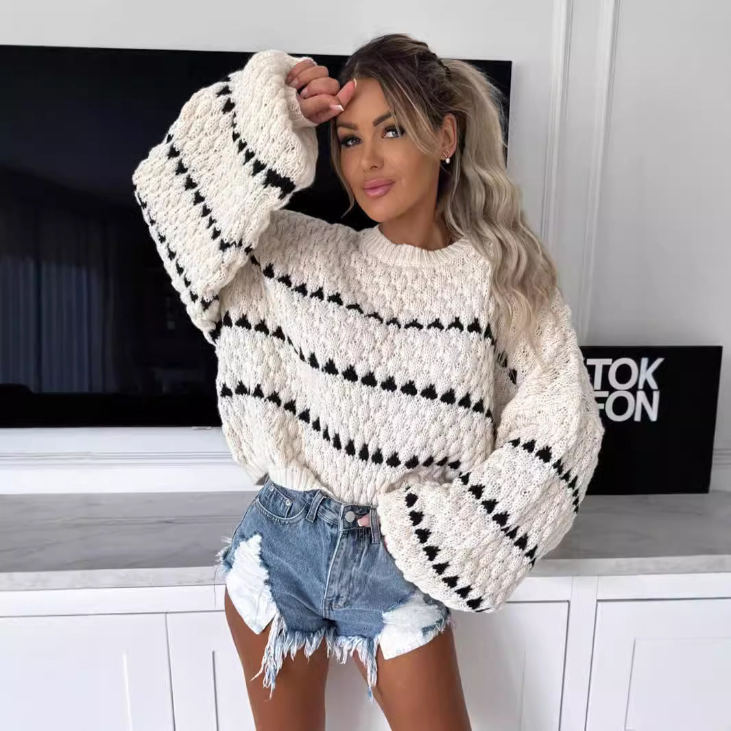 Women's striped chunky knit sweater bold contrast stripes relaxed fit urban statement style