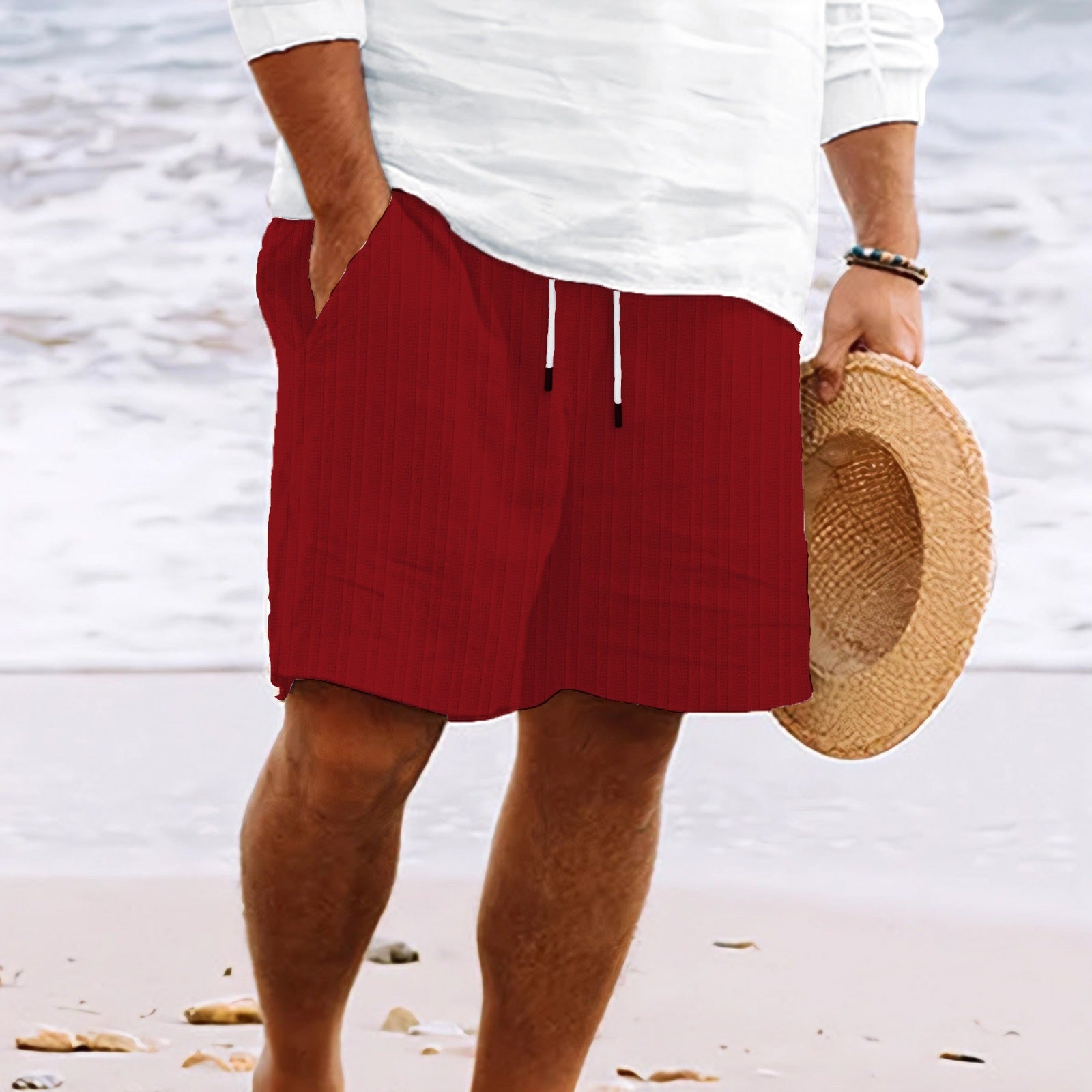 Men's linen cotton relaxed fit shorts with multi pockets, elastic drawstring waist, breathable summer style