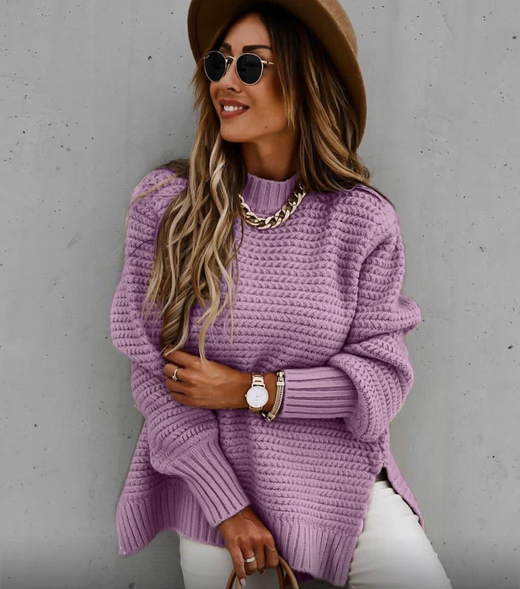 Women's jade green chunky knit oversized sweater with high neck and textured ribbed cuffs