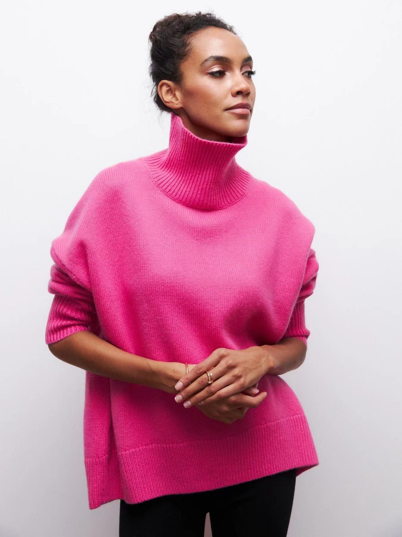 Women's oversized turtleneck knit sweater cozy soft casual everyday wear relaxed high-neck silhouette