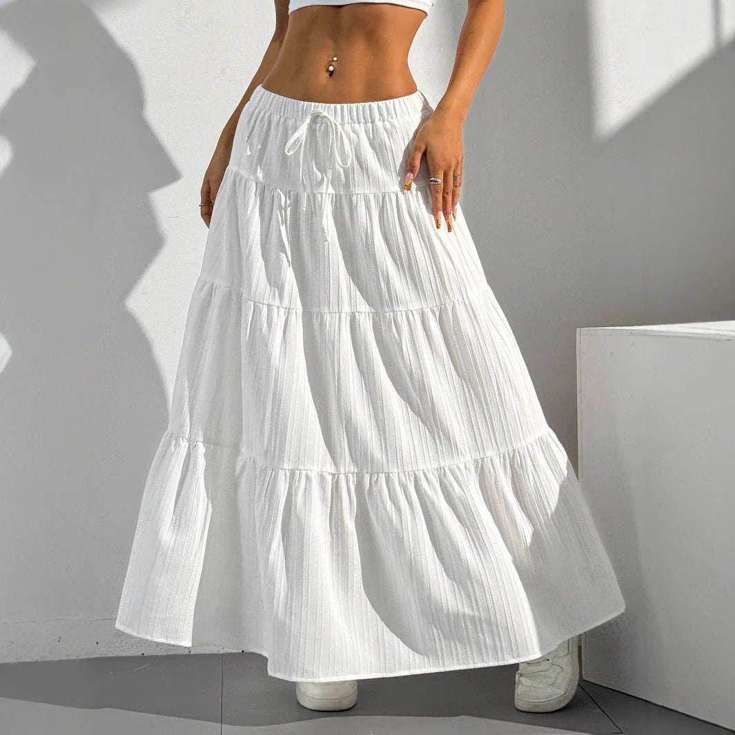 Women's boho chic A-line long skirt lightweight cotton blend gathered ruffles flowy silhouette