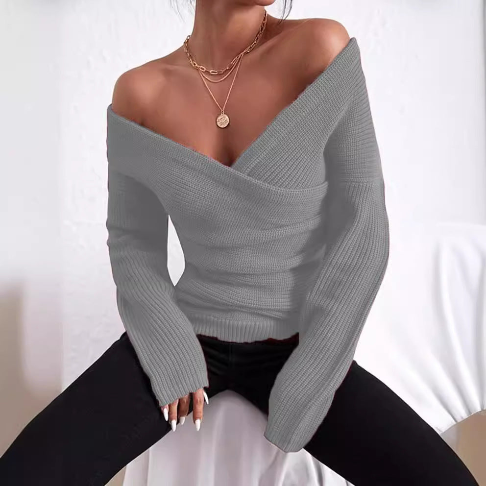 Women's slim fit ribbed knit sweater off-shoulder wrap V-neck long sleeve in neutral tone