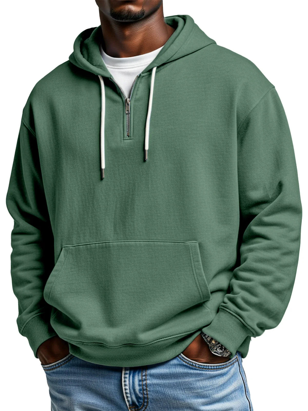 Men's relaxed fit cotton blend hoodie quarter zip kangaroo pocket everyday casual streetwear
