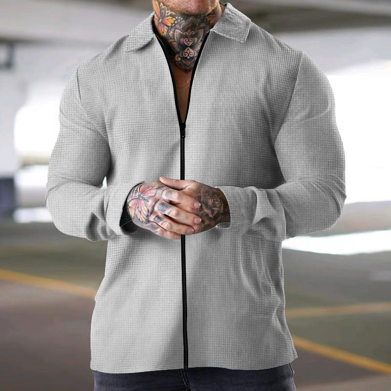 Men's textured woven long sleeve shirt regular fit zip-front closure casual versatile layer