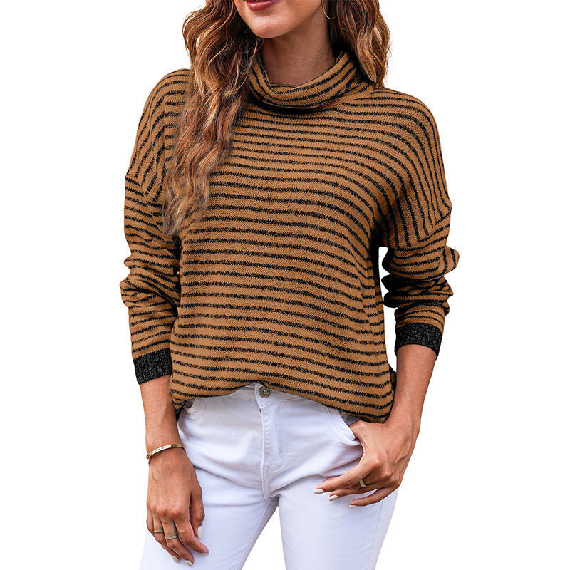 Women's striped turtleneck sweater relaxed fit wool texture knit with ribbed edges in warm tones