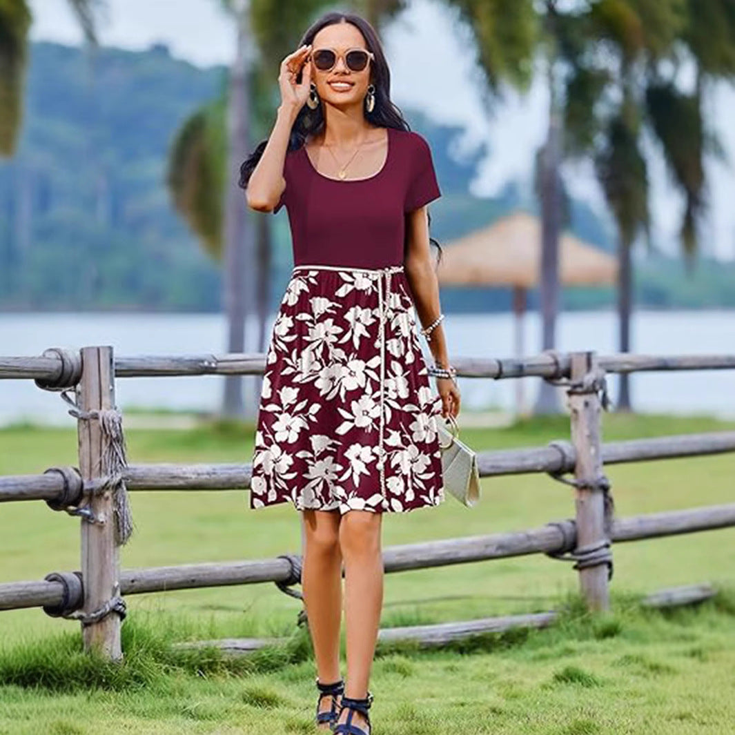 Women's fit and flare cotton dress with round neck and leopard-print knee-length patterned skirt