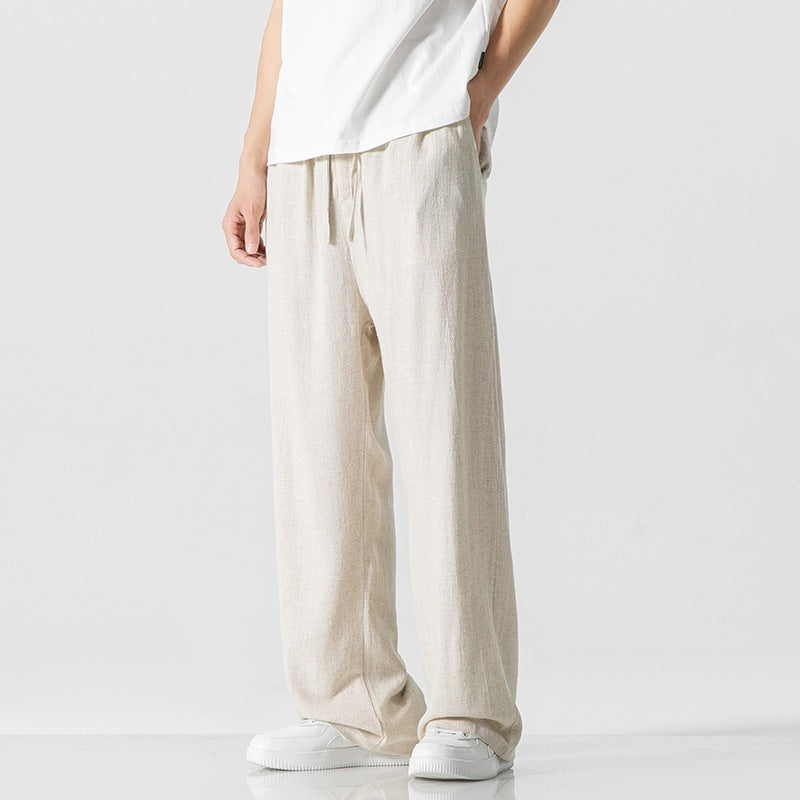 Men's linen blend loose fit full-length trousers with drawstring waist, breathable casual pants