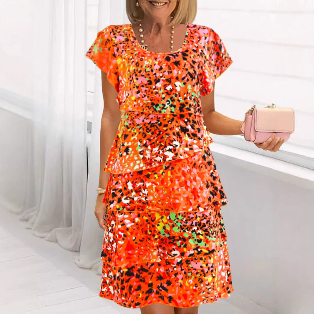 Women's floral midi dress relaxed fit with tiered ruffles and flutter sleeves for summer