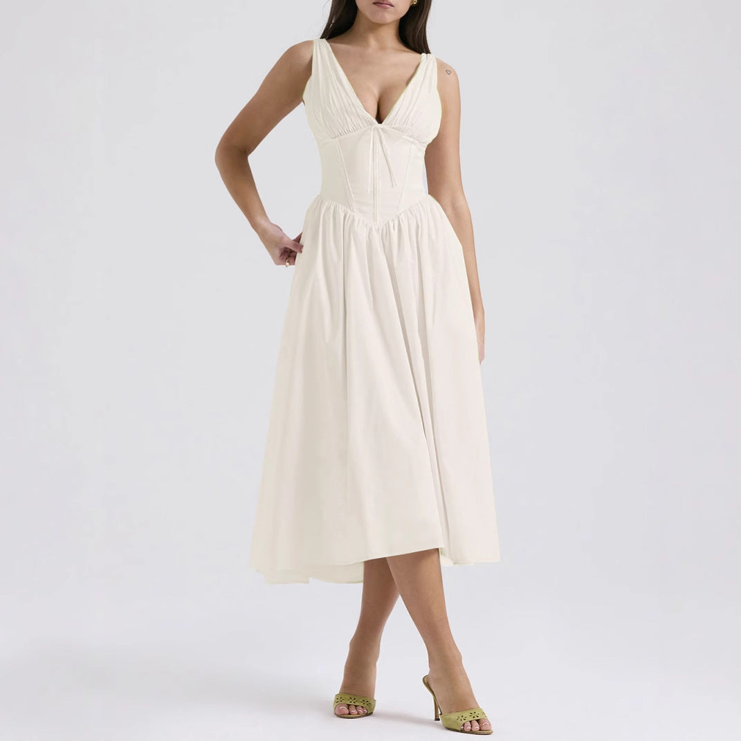 Floral midi dress women A-line silhouette sleeveless V-neck chic versatile print