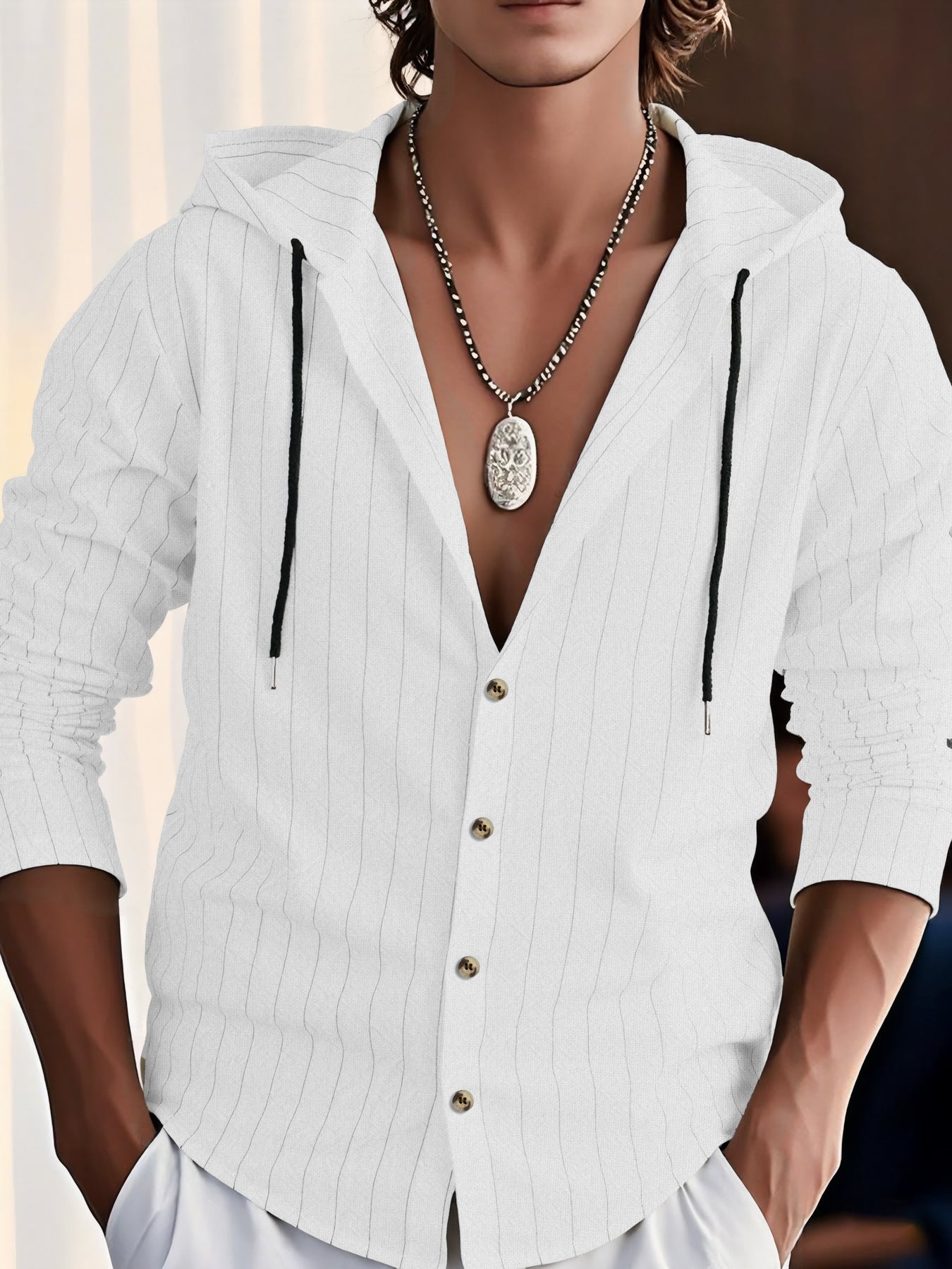 Men's relaxed fit hooded cotton-blend blouse with button-front closure in casual urban style