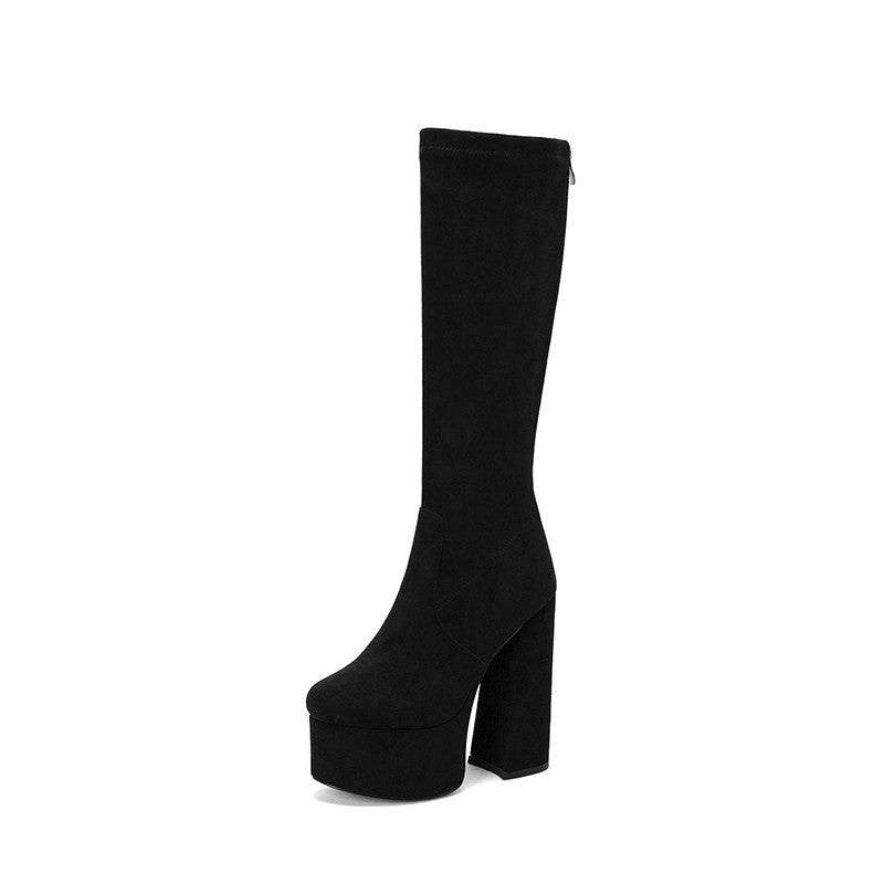 Women's knee-high suede PU leather boots tailored fit chunky platform heel with back zipper