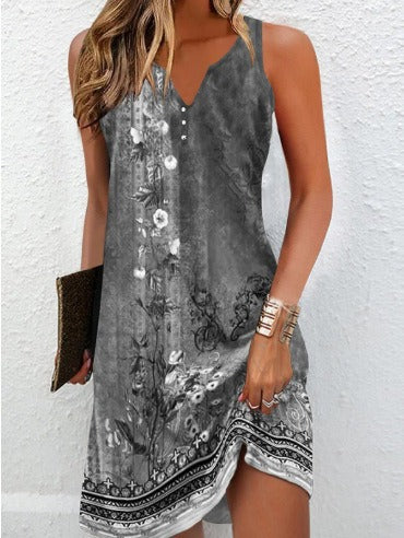 Women's sleeveless floral cotton blend dress, V-neck with asymmetrical hem, feminine summer style