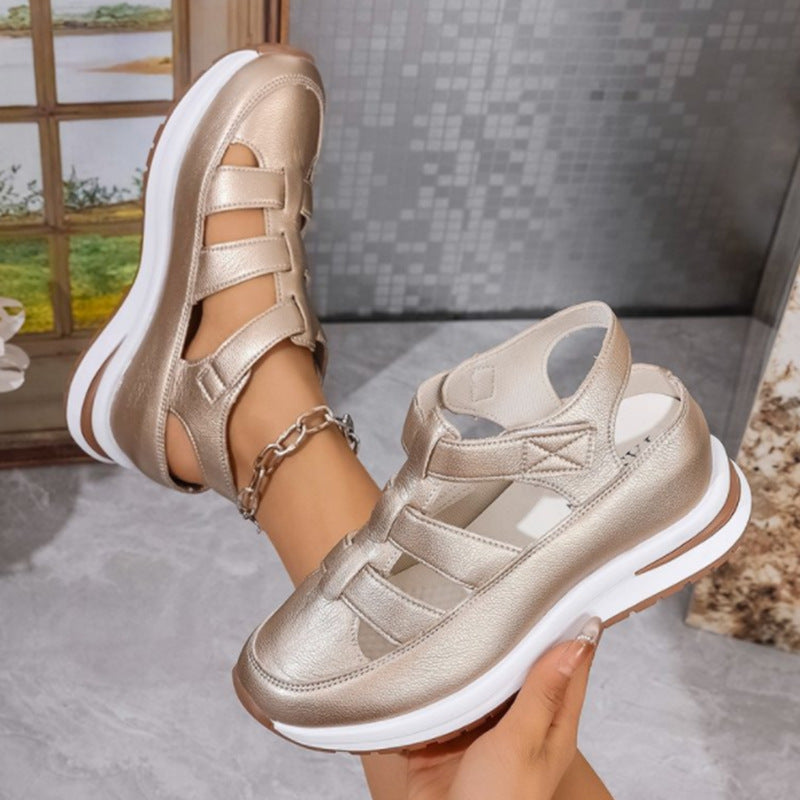 Women's black wedge sandals closed toe velcro strap decorative cutouts PU leather comfort footwear