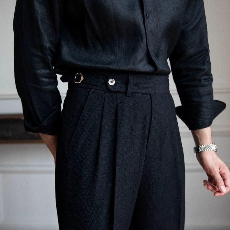 Men's dark brown slim fit pleated dress trousers tailored cut for modern office style