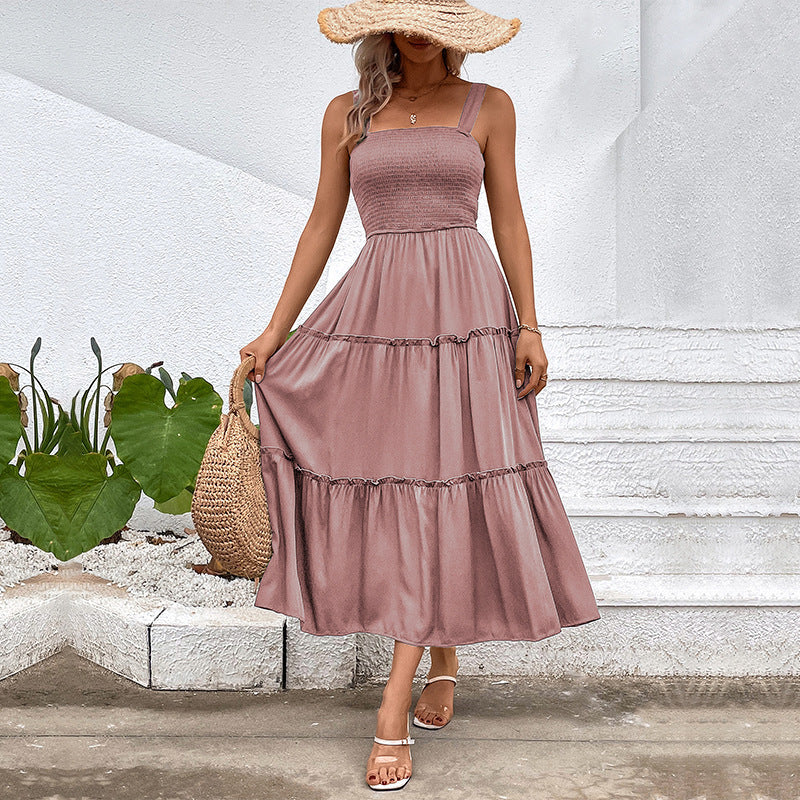 Women's sleeveless A-line midi dress, smocked bodice, breathable cotton blend, effortless everyday style