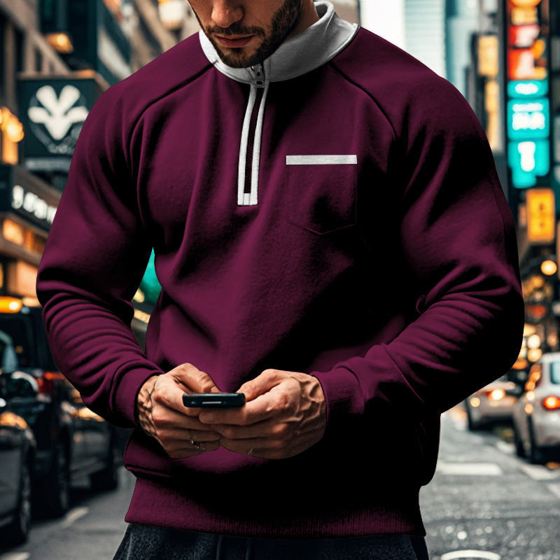 Men's gray raglan sweatshirt stand collar zip chest pocket regular fit casual everyday