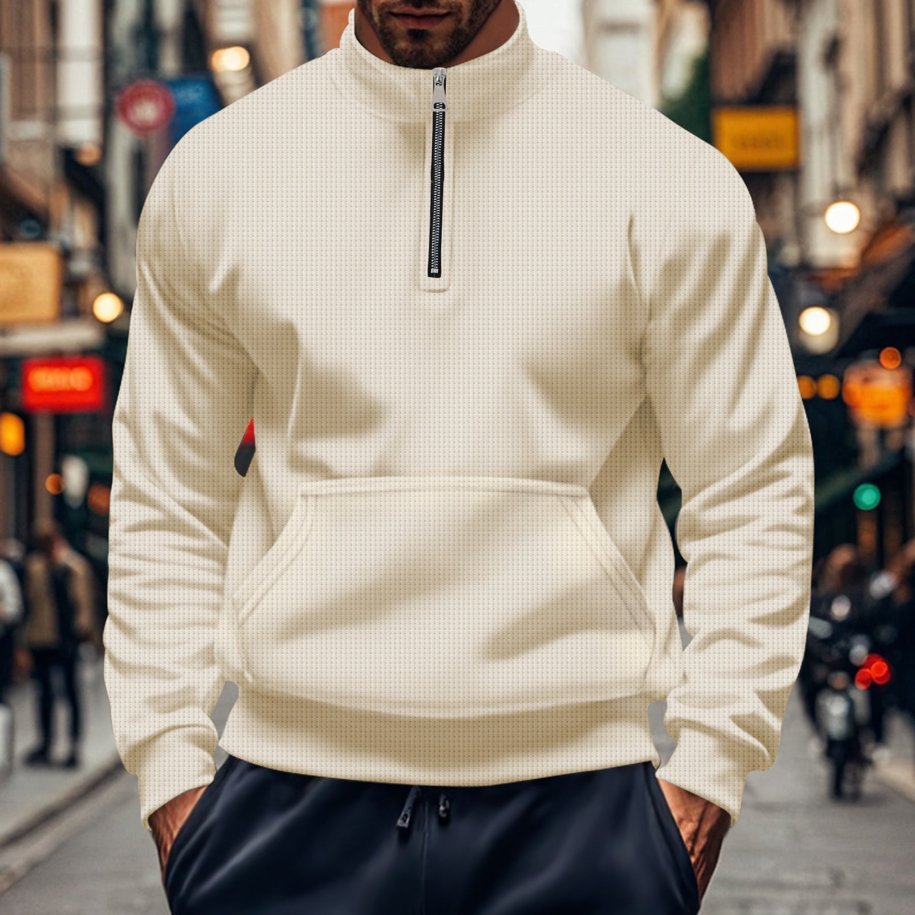 Men's gray cotton knit sweatshirt relaxed fit half-zip neckline with kangaroo pocket casual style