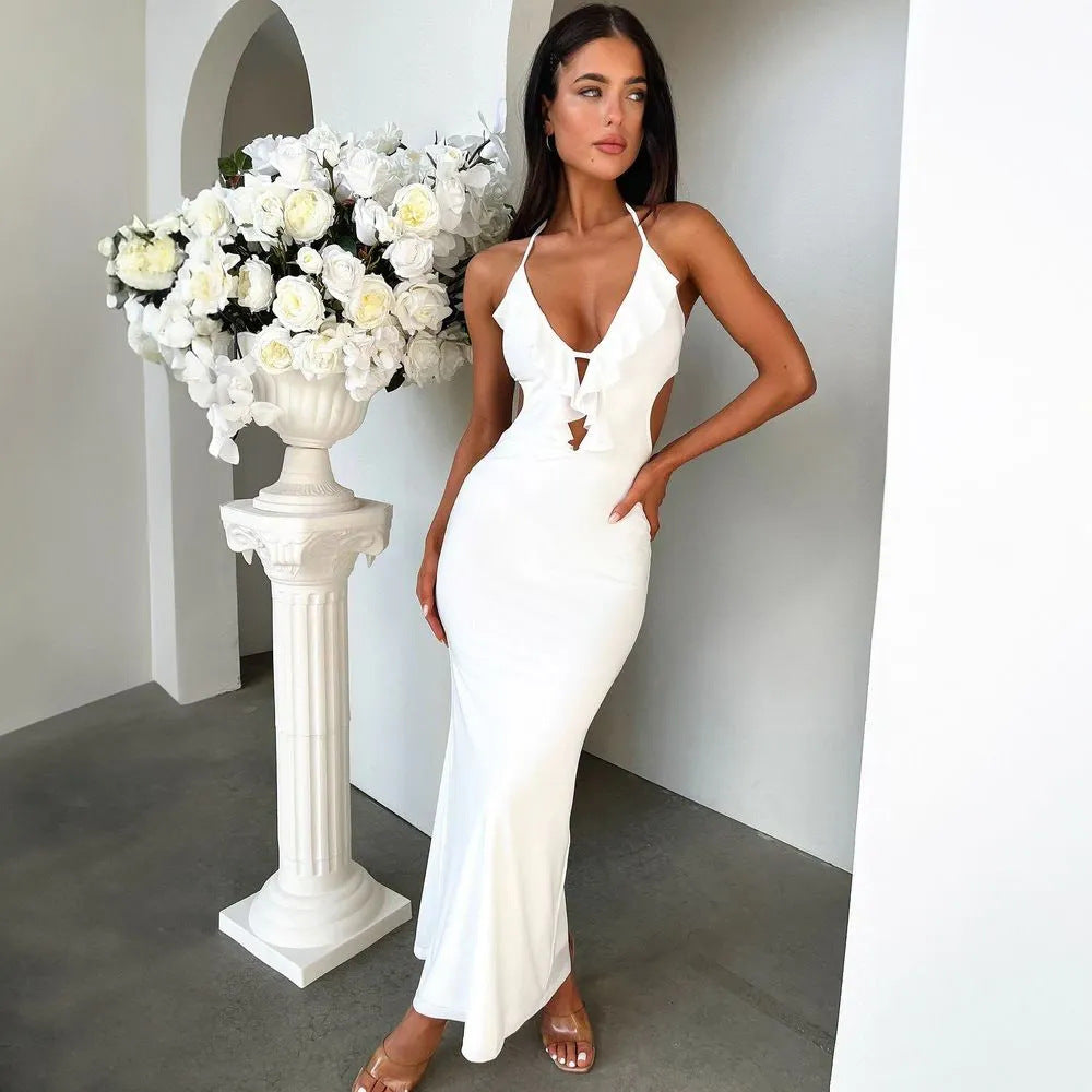 Women's slim-fit maxi dress with ruched neckline, adjustable straps, lightweight drape evening style