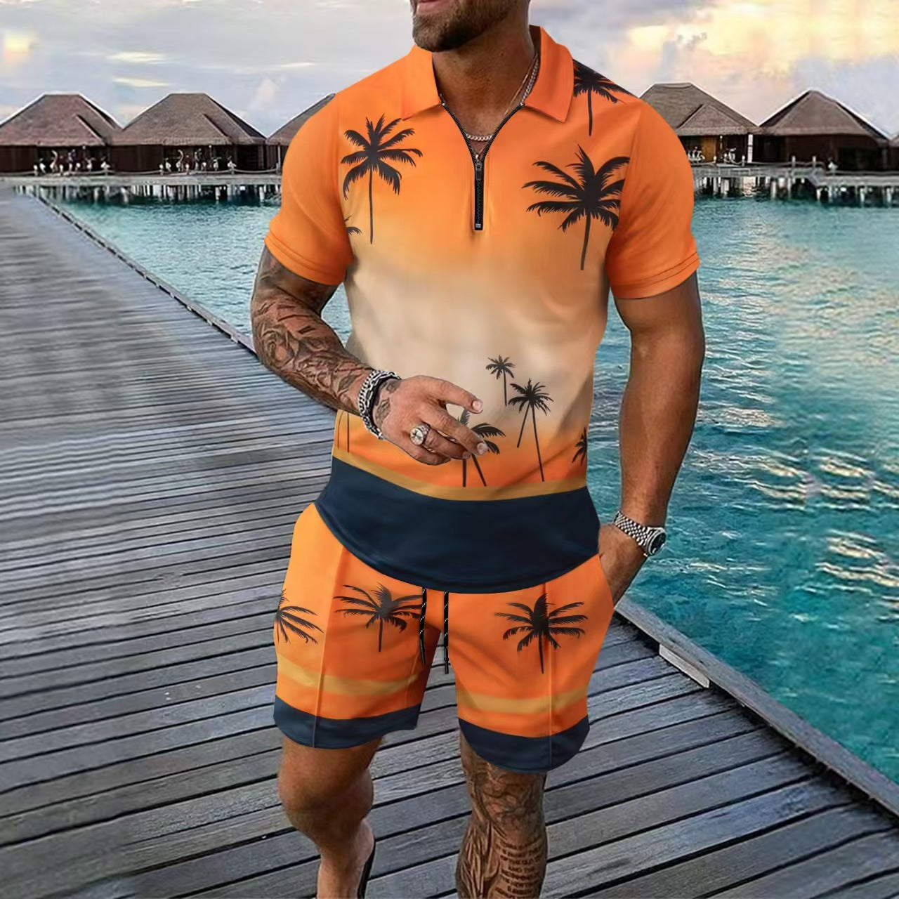 Men's slim-fit sports set tropical pattern zip neck breathable lightweight activewear ensemble