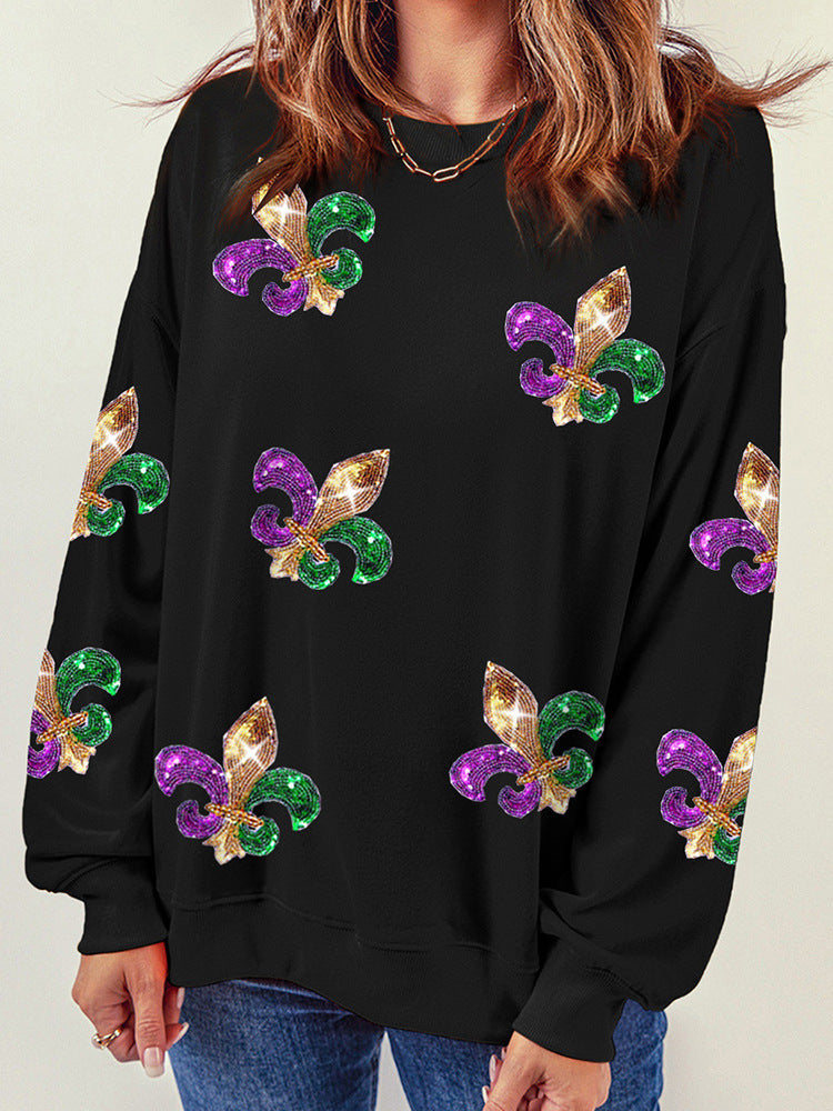 Women's relaxed fit sweatshirt with sparkling sequin details, round neck, long sleeves, party-ready style