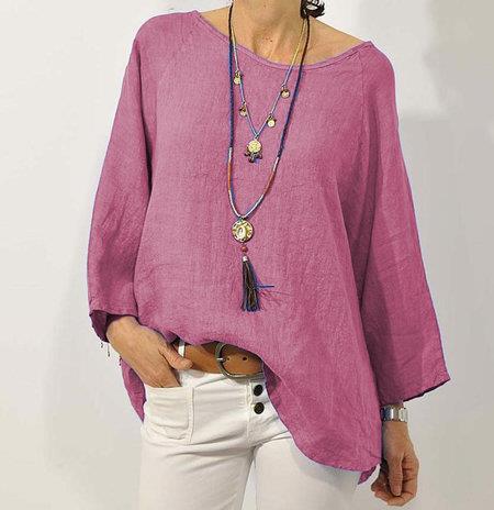 Women's loose fit casual long sleeve top in neutral tone, breathable everyday layering essential