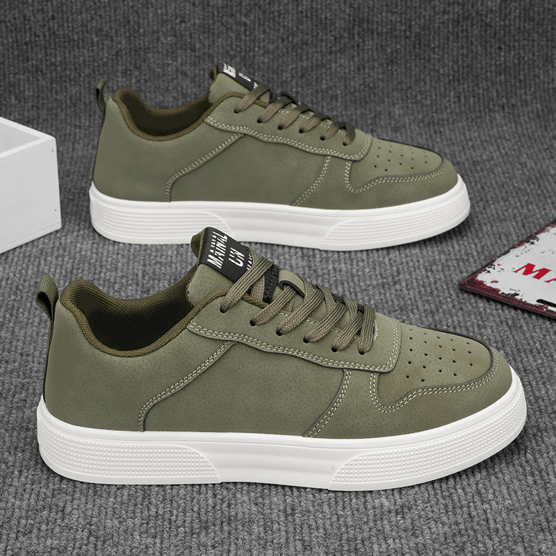 Men's white low-top lace-up sneakers with perforated toe for breathable everyday streetwear comfort