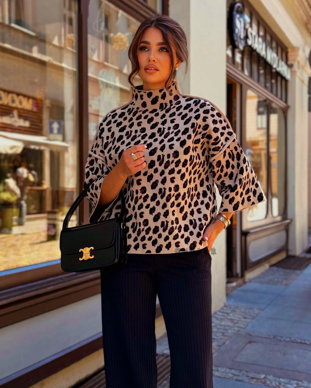 Women's leopard print knit sweater loose fit high neck three quarter sleeves casual cozy style